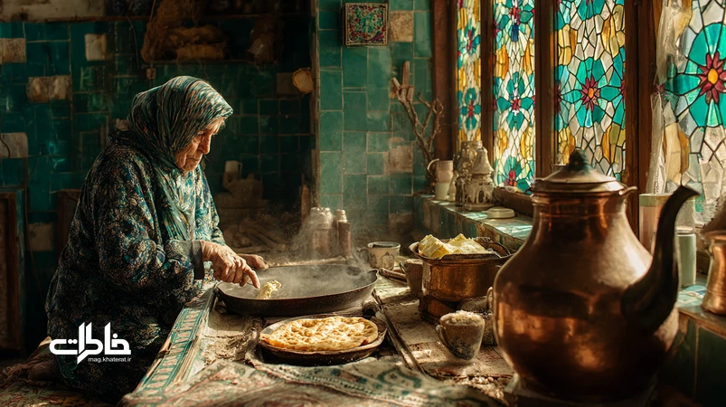 صبحانه محلی در خانه مادرجون با کره دستزده، نان تابهای و سماور ذغالی؛ فضایی نوستالژیک از خانه ایرانی قدیم و آیین صبحگاهی.مجله خاطرات