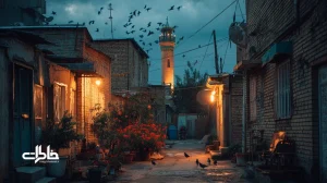 غروب محله ایرانی با اذان مغرب از بلندگوی مسجد؛ پنجره‌های روشن، کوچه باریک و حال‌وهوای نوستالژیک آرام‌بخش