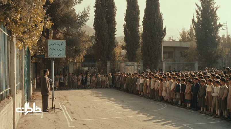 حیاط مدرسهٔ محله در صف صبحگاهی با تابلوهای فرسوده، درختان سرو، غبار گچ و نور صبح؛ بازنمایی نوستالژیک مدارس محله در ایران.مجله خاطرات