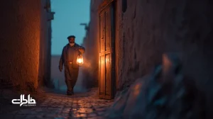 پرتره مرد چراغ‌دار در کوچه قدیمی ایرانی با چراغ نفتی، نور گرم و حال‌وهوای نوستالژیک؛ نماد همدلی محله و آیین‌های همسایگی