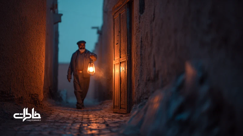 پرتره مرد چراغ‌دار در کوچه قدیمی ایرانی با چراغ نفتی، نور گرم و حال‌وهوای نوستالژیک؛ نماد همدلی محله و آیین‌های همسایگی