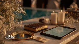 ترکیب سفره عقد مینیمال با آیینه و شمعدان، چند سکه مهریه و تبلت امضای دیجیتال؛ نمادی از پیوند مهریه و دفتر ازدواج دیجیتال و ثبت خاطرات آغاز زندگی.مجله خاطرات