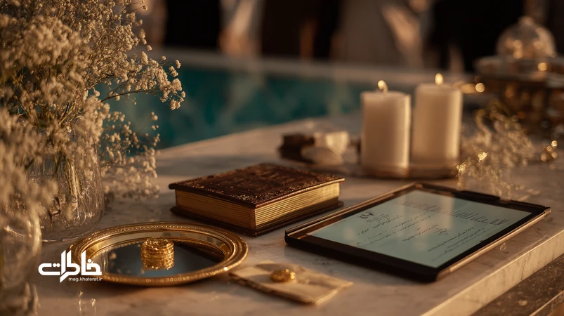 ترکیب سفره عقد مینیمال با آیینه و شمعدان، چند سکه مهریه و تبلت امضای دیجیتال؛ نمادی از پیوند مهریه و دفتر ازدواج دیجیتال و ثبت خاطرات آغاز زندگی