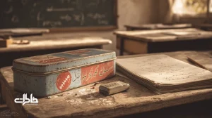 جامدادی فلزی طرح فوتبالی روی نیم‌کت چوبی در کلاس قدیمی ایرانی با استیکر تیم‌ها، یادآور خاطرات شنیداری صدای بسته‌شدن درِ فلزی.مجله خاطرات