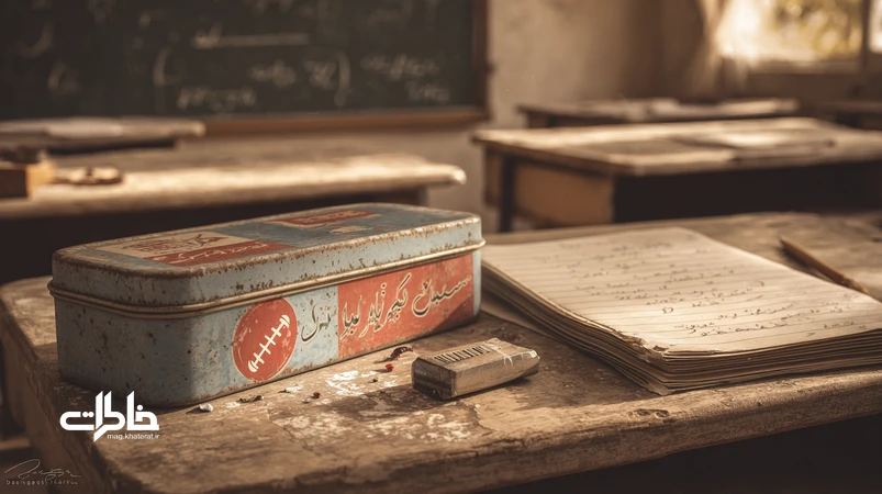 جامدادی فلزی طرح فوتبالی روی نیمکت چوبی در کلاس قدیمی ایرانی با استیکر تیمها، یادآور خاطرات شنیداری صدای بستهشدن درِ فلزی.مجله خاطرات