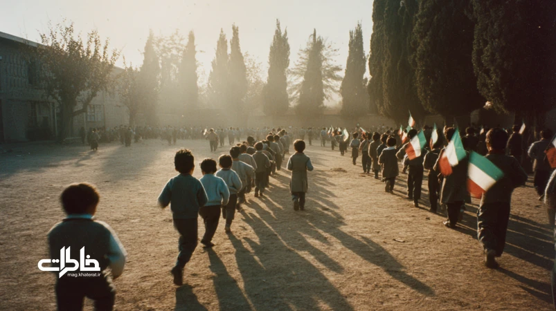 آیین صبحگاهی مدرسه دهه‌۶۰ با دانش‌آموزان و پرچم‌های کوچک سه‌رنگ در حیاط، بخار نفس صبحگاهی و صف‌های منظم.مجله خاطرات