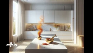 آشپزخانهٔ مینیمال با نور گرم و بخار زعفران تازه؛ هالهٔ طلایی روی سطوح سفید و اکسسوری برنجی، ترند خوش‌رنگ آشپزی و رایحهٔ نوستالژیک ایرانی