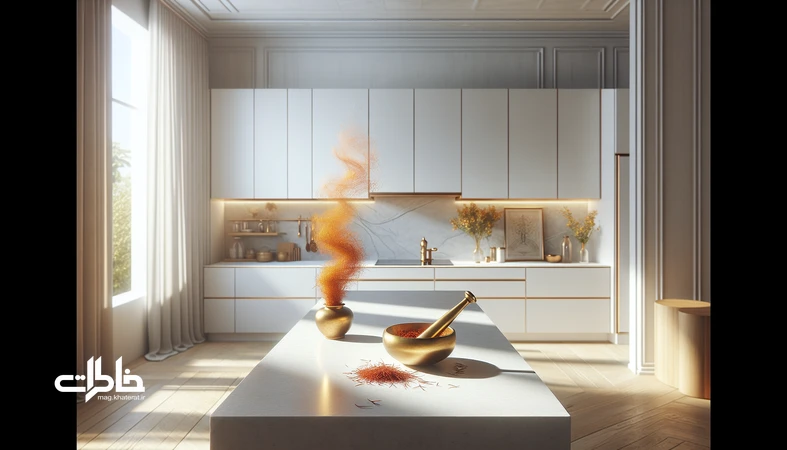 آشپزخانهٔ مینیمال با نور گرم و بخار زعفران تازه؛ هالهٔ طلایی روی سطوح سفید و اکسسوری برنجی، ترند خوشرنگ آشپزی و رایحهٔ نوستالژیک ایرانی