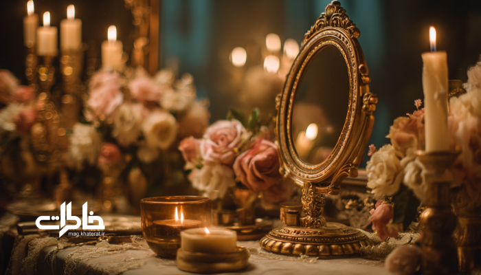 تصویر آینه و شمعدان با نور ملایم و پسزمینه سنتی، حس صمیمیت و آرامش را منتقل میکند و مفهوم روانشناختی روشنایی و پیوند عاطفی را در فرهنگ ایرانی تقویت مینماید.