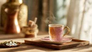 چای در فنجان مدرن کنار نعلبکی گل‌سرخی روی سینی ساده با نور گرم؛ پیونددهنده خاطرات نسل‌های ایرانی از سماور تا کتری برقی.مجله خاطرات