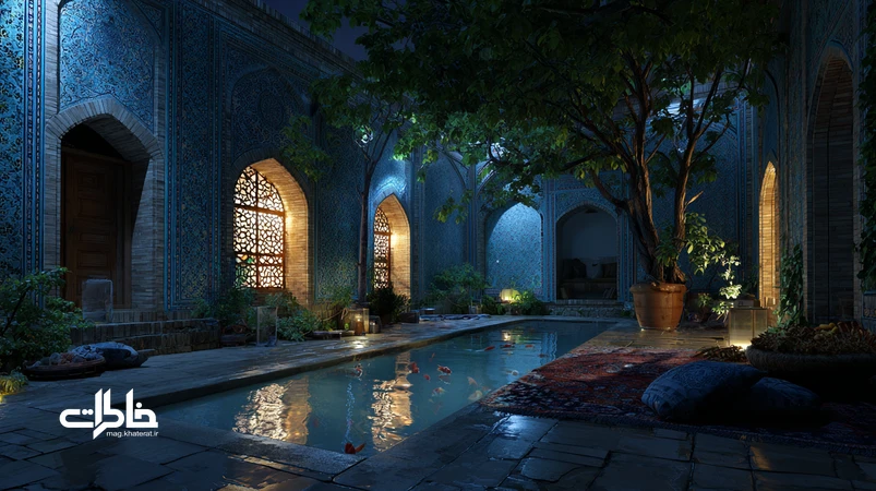 حیاط ایرانی در شب با نور مهتاب، حوض و کاشیهای خیس، آسمان پرستاره و کودکان در حال آسماندیدن؛ فضایی نوستالژیک و آرام برای خاطرات شبنشینی.مجله خاطرات