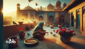 تصویر دانه‌پاشی صبحگاهی روی پشت‌بام ایرانی با گلدان‌های شمعدانی، کبوترها و گنجشک‌ها در نور طلایی صبح؛ نماد مهربانی خاموش و آیین‌های خانگی. مجله خاطرات