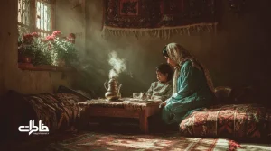 کودکی تکیه داده به پشتی مادر در خانه‌ای ساده‌ی ایرانی با سماور و قالیچه؛ تصویری از تکیه‌گاه عاطفی، آسایش و خاطرات خانوادگی