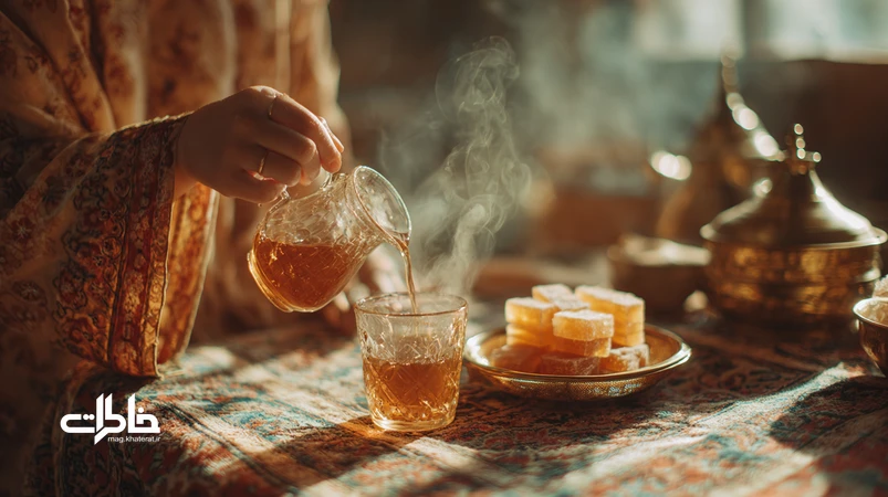 چای نبات مادرانه در آشپزخانه ایرانی با بخار گرم، زعفران و سماور؛ تصویری نوستالژیک از آیین تسکین و فرهنگ چای