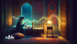 تصویر مادر ایرانی که کنار گهواره با صدایی آرام لالایی می‌خواند و هدفون روی میز کنار تخت است؛ فضایی گرم و نوستالژیک از خانه برای امنیت روانی کودک.