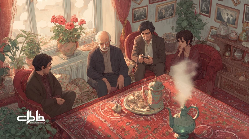 تصویر داخلی یک خانهٔ چندنسلی ایرانی با سماور، فرش ایرانی و سه نسل که نماد فرهنگ لغات چندنسلی در واژه‌های رفیق، آبرو، آزادی، کار و عشق هستند.مجله خاطرات