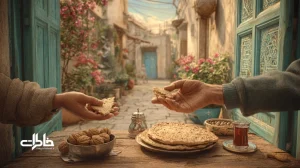 تصویر نمادین از نان و نمک در آستانهٔ خانه‌ای ایرانی؛ تبادل نان تازه و نمک به نشانهٔ قدردانی و پیوند بی‌تکلف، همراه با کاسه گردو و چای؛ مفهوم نمک‌گیر شدن در خاطرات و فرهنگ ایرانی.مجله خاطرات