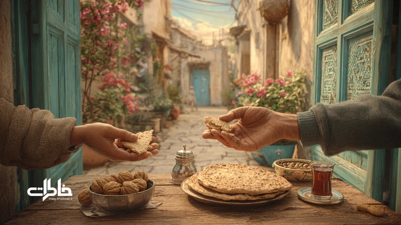 تصویر نمادین از نان و نمک در آستانهٔ خانه‌ای ایرانی؛ تبادل نان تازه و نمک به نشانهٔ قدردانی و پیوند بی‌تکلف، همراه با کاسه گردو و چای؛ مفهوم نمک‌گیر شدن در خاطرات و فرهنگ ایرانی.