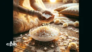 کاسه‌ی کریستال نقل و نبات عروسی روی سفره‌ی عقد، بارش نقل سفید به‌عنوان نماد خوش‌یمنی و آشتی در آیین‌های جمعی ایرانی.