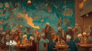 نقالی کنار پردهٔ نقاشی قهوه‌خانه‌ای با صحنه‌های پی‌درپی شبیه کمیک‌استریپ، رنگ‌های فیروزه‌ای و شنگرف و تماشاگران در حال گوش‌دادن