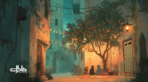 کوچه‌ای ایرانی در غروب با چراغ محله و چراغ نفتی بازآفرینی‌شده؛ نماد نذرِ نور، صمیمیت محله و خاطرات روشنایی خانگی