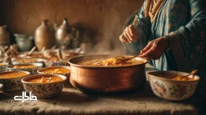 شله‌زرد نذری در کاسه‌های گل‌سرخی با بخار و بوی گلاب و دارچین در کوچه قدیمی؛ خاطرات همسایگی و صمیمیت محله.مجله خاطرات