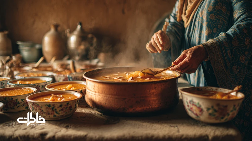 شله‌زرد نذری در کاسه‌های گل‌سرخی با بخار و بوی گلاب و دارچین در کوچه قدیمی؛ خاطرات همسایگی و صمیمیت محله.مجله خاطرات