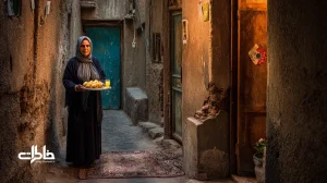 سینی شیرینی آشتی در کوچه قدیمی ایرانی با همسایه‌ای که برای آشتی‌ کنان محله می‌آید؛ نماد صمیمیت محله و آب‌قندی کردن کینه‌ها.