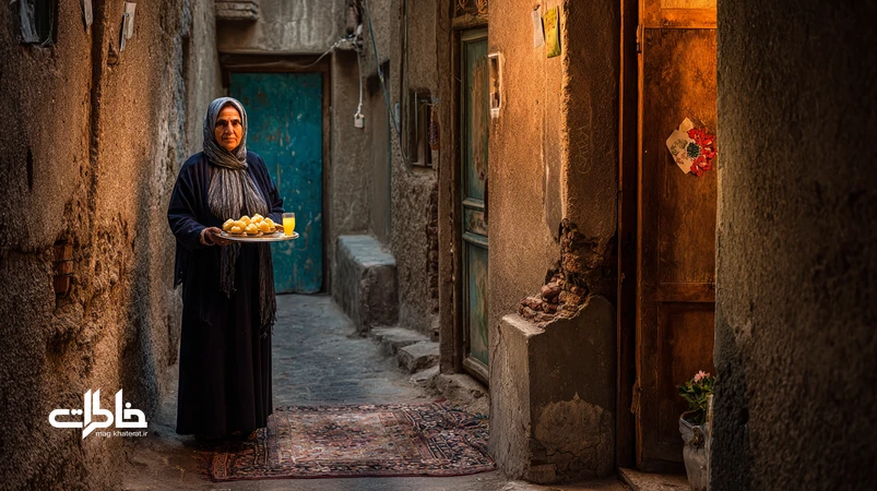 سینی شیرینی آشتی در کوچه قدیمی ایرانی با همسایه‌ای که برای آشتی‌ کنان محله می‌آید؛ نماد صمیمیت محله و آب‌قندی کردن کینه‌ها.