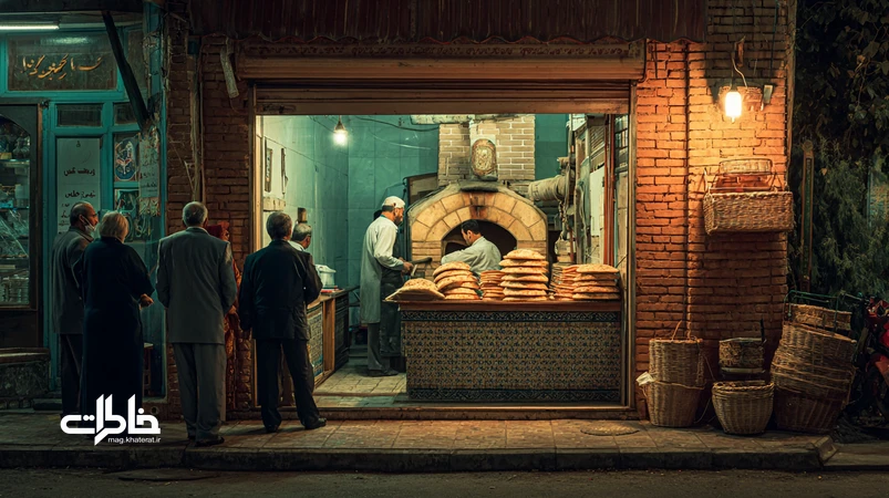 صحنهای گرم از نانوایی محله در ایران با نور تنور، صف کوتاه همسایهها و نان تازه کنجدی؛ بازنمایی ریتم پخت و گفتوگوی محلی.مجله خاطرات