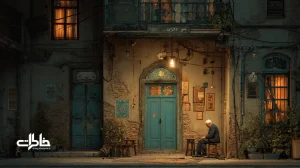 کوچه ایرانی در غروب با چراغ‌های گرم بالکن و پیرمرد لامپ‌به‌دست؛ تصویری از امید و مراقبت جمعی در چراغ محله.