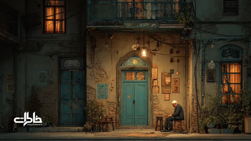 کوچه ایرانی در غروب با چراغ‌های گرم بالکن و پیرمرد لامپ‌به‌دست؛ تصویری از امید و مراقبت جمعی در چراغ محله.