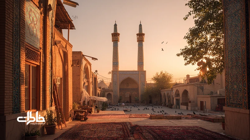 مسجد محله با گلدستههای بلند در غروب، صدای اذان و نور عصرگاهی؛ فضایی نوستالژیک و آرام برای دلقراری همسایگی و خاطرات جمعی
