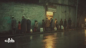 صف نان در محله ایرانی کنار دیواری با اعلامیه‌های محلی، کودکان و بزرگ‌ترها در هوای بارانی؛ نماد خاطرات جمعی و همدلی محله‌ها