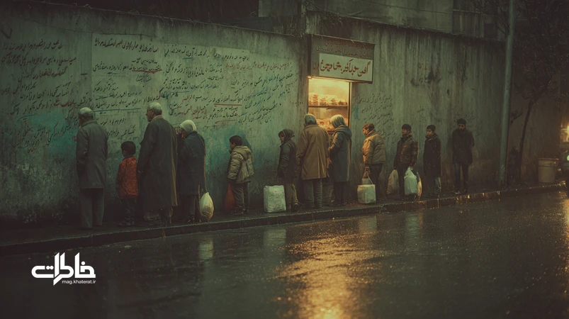 صف نان در محله ایرانی کنار دیواری با اعلامیه‌های محلی، کودکان و بزرگ‌ترها در هوای بارانی؛ نماد خاطرات جمعی و همدلی محله‌ها