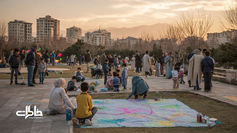 بادبادک‌های نئون در پارک ایرانی هنگام غروب؛ خانواده‌ها و همسایه‌ها در فضایی صمیمی مشغول بازی و خاطره‌سازی جمعی مجله خاطرات