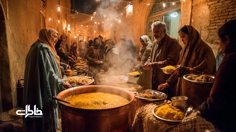 نذری شب نیمه‌شعبان در محله قدیمی؛ شله‌زرد زعفرانی با طرح‌های دارچین، نور فانوس‌ها و همسایه‌ها در حال تقسیم نذری.مجله خاطرات