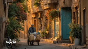 تصویر نوستالژیک صبح جمعه؛ چرخ‌دستی نون‌خشکی و فروشنده نمکی در کوچه ایرانی با نور طلایی سحر، حس امنیت محله و فرهنگ نان در زندگی روزمره