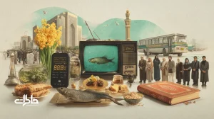 کلاژ نوروزهای تاریخی ایران با سفره هفت‌سین، رادیو و تلویزیون قدیمی، ترمینال شلوغ و گوشی هوشمند؛ بازنمایی حافظه جمعی، سریال نوروزی و خانواده‌ها.