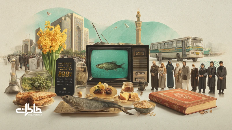 کلاژ نوروزهای تاریخی ایران با سفره هفتسین، رادیو و تلویزیون قدیمی، ترمینال شلوغ و گوشی هوشمند؛ بازنمایی حافظه جمعی، سریال نوروزی و خانوادهها.