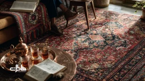 نشیمن ایرانی با فرش ماشینی و عناصر دست‌ساز؛ دفترچه نقش، گلیم تاخورده و سینی چای؛ روایت‌محور و دلتنگی برای نقش‌های دستی.مجله خاطرات