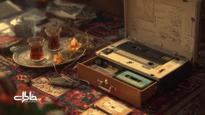 تصویر نوستالژیک از کشوی نوار کاست و دستگاه ضبط در اتاق ایرانی با نور عصرگاهی، پیوند موسیقی، نوار کاست و خاطرات کودکی. نغمه و نوستالژی مجله خاطرات
