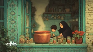 رب‌پزی خانگی با حس نوستالژی در آشپزخانه ایرانی؛ دیگ مسی، بخار رب، شیشه‌های رب و بالکن پرگلدان؛ بازگشت آیین‌های آشپزخانه‌ای امروز.مجله خاطرات