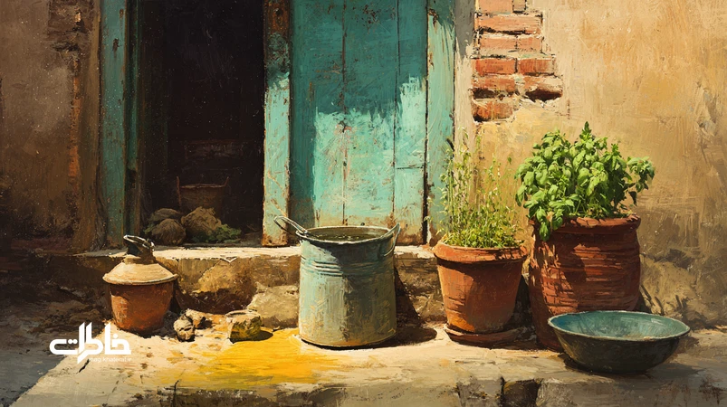 تصویر نوستالژیک بوی خاک نم‌خورده زیر آفتاب حیاط قدیمی با سطل فلزی، لنگه در چوبی و بازی‌های گل‌گِلی