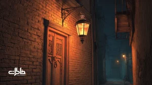 چراغ نفتی سرِ کوچه در محله قدیمی ایران با روشنایی گرم کهربایی؛ نماد چراغ محله، حس امنیت در کوچه و نوستالژی شب‌های زمستان