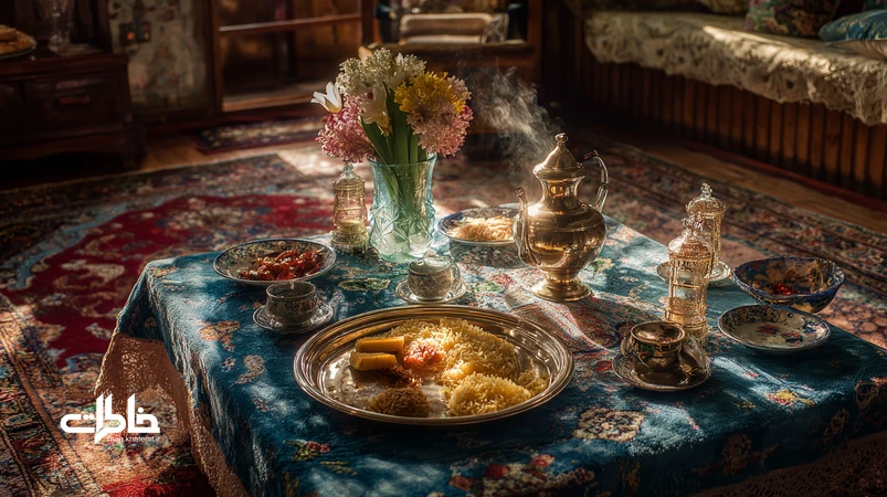 صبح روز اول عید در خانه مادربزرگ با نور طلایی بهاری، سفره هفت‌سین، سبزی‌پلو و ماهی، سماور جوشان و حوض با ماهی قرمز؛ نوستالژی و خاطرات خانوادگی.مجله خاطرات