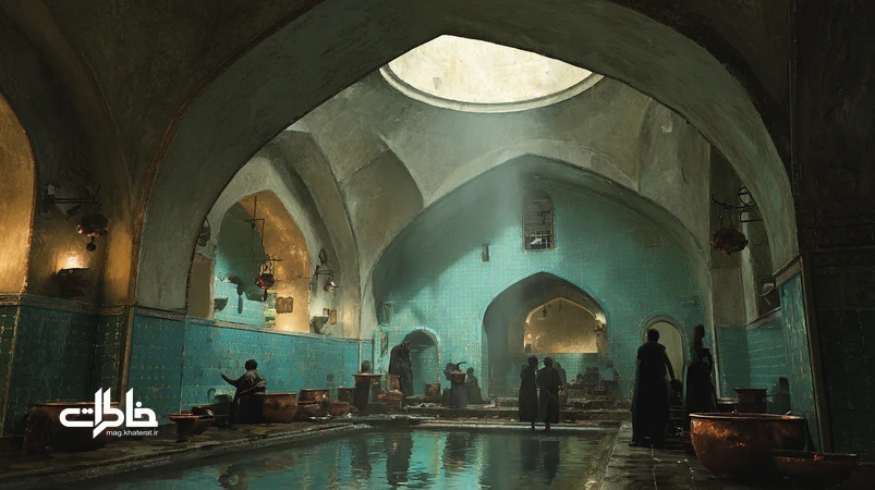 نمای داخلی حمامهای قدیمی ایران با گنبد نورگیر، بخار ملایم، کاشیهای فیروزهای و آیین شستوشوی جمعی