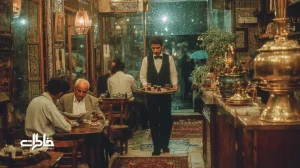 نمای درونی کافه‌های قدیمی ایران با سماور برنجی، پیش‌خدمت با سینی چای، مشتریان از دو نسل و زبان‌ بدن فعال؛ آیین سفارش و ریتم اجتماعی شهر