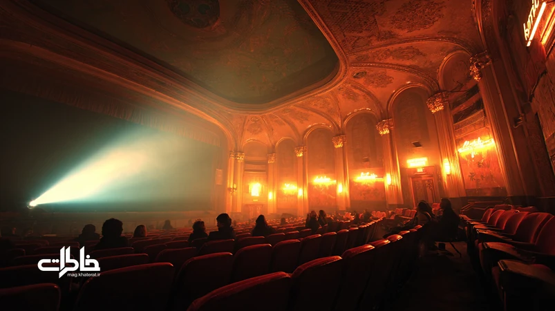 نمایی نوستالژیک از داخل سینمای قدیمی ایران با صندلی‌های مخمل قرمز، پرتو آپارات در فضای غبارآلود و معماری قوسی؛ تمرکز بر نور، صدا و تجربه‌ جمعی تماشاگران.مجله خاطرات