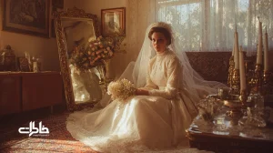 لباس عروس قدیمی ایرانی با تور دست‌دوز و جزئیات گیپور، در فضایی وینتج با آینه و شمعدان و قالی ایرانی، نور گرم و حال‌وهوای نوستالژیک.